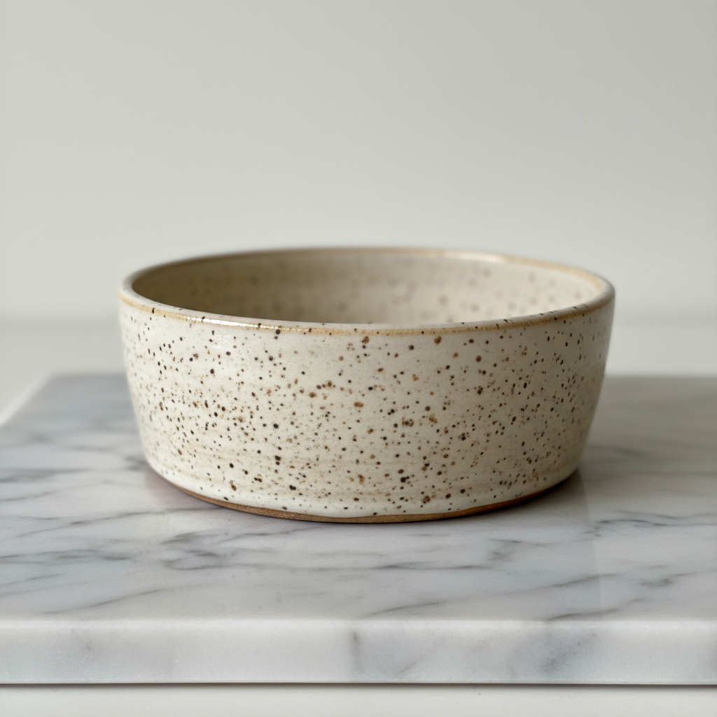 Handmade speckled cream ceramic dog bowl on marble surface