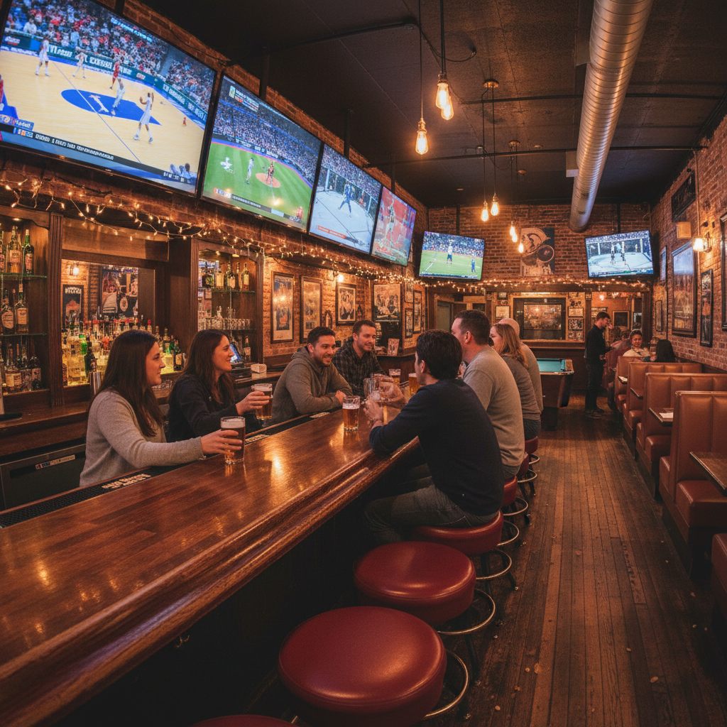 Friendly sports bar with TV screens, bar stools and casual cozy atmosphere