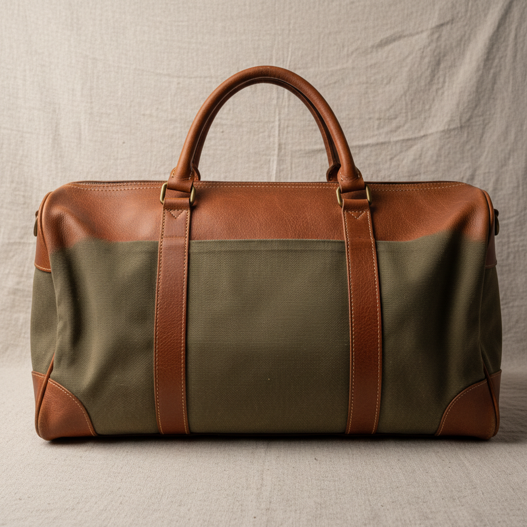 Large canvas duffel bag in olive color on wooden floor, bright studio