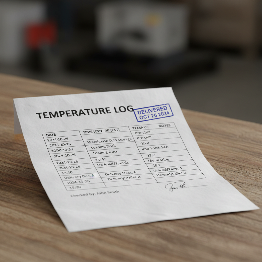 Printed temperature log document showing time-stamped readings from warehouse to delivery