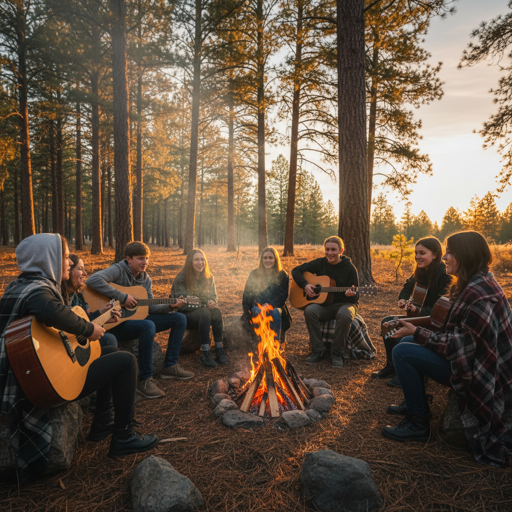 Teens gathered around a campfire circle at golden hour, pine trees in background