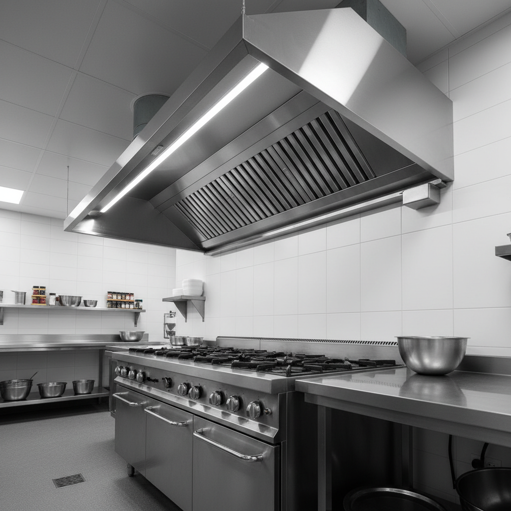 Gleaming stainless steel commercial exhaust hood shot from below, LED strip lights reflecting off polished baffles, commercial range visible with blue pilot flames, pristine kitchen ready for service