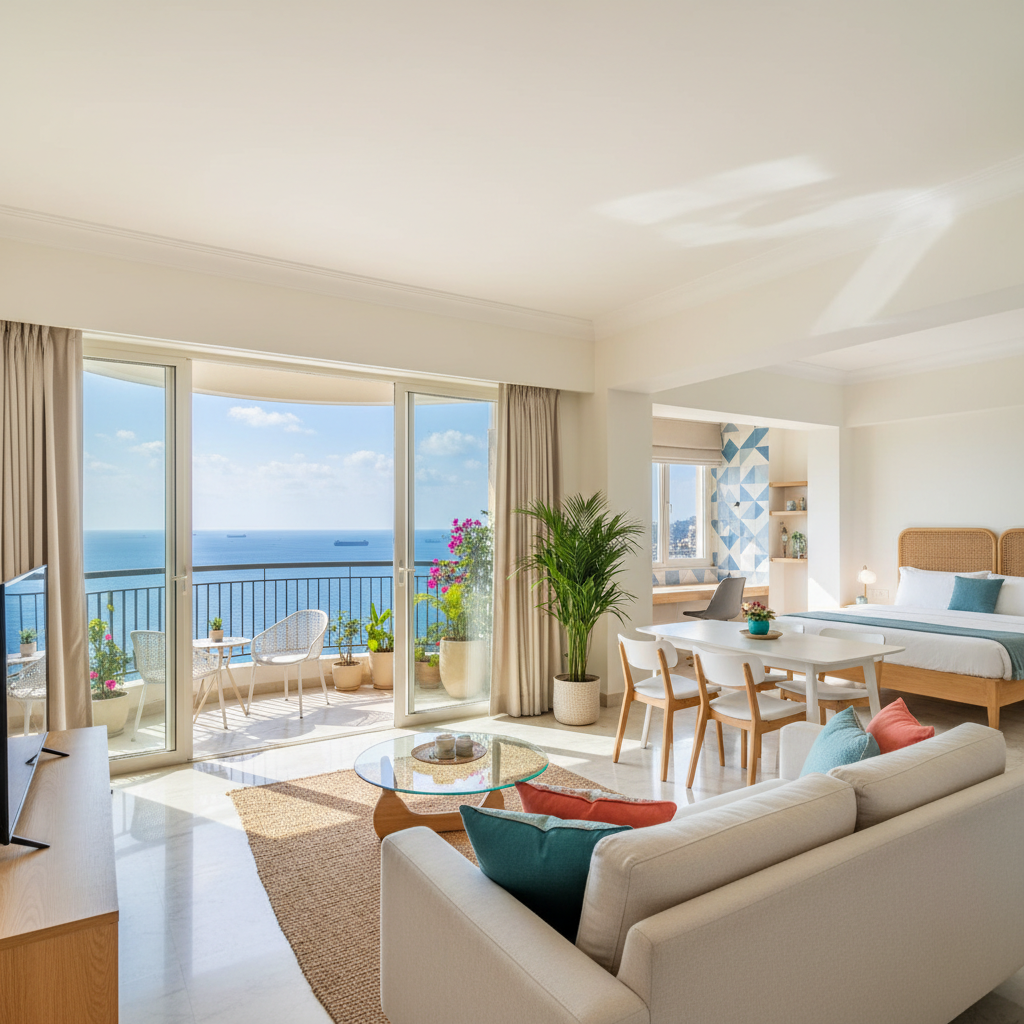 Bright apartment bedroom with sea view balcony