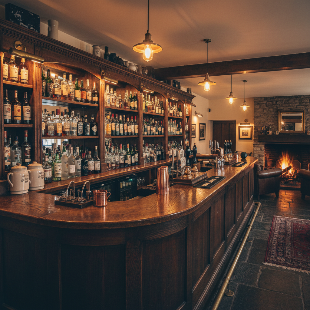 The Felin Fach Griffin bar — rows of bottles, warm lighting, traditional pub atmosphere
