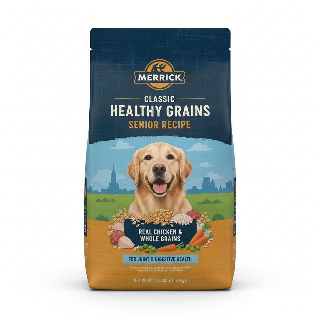 Merrick Classic senior dog food bag with whole grain ingredients