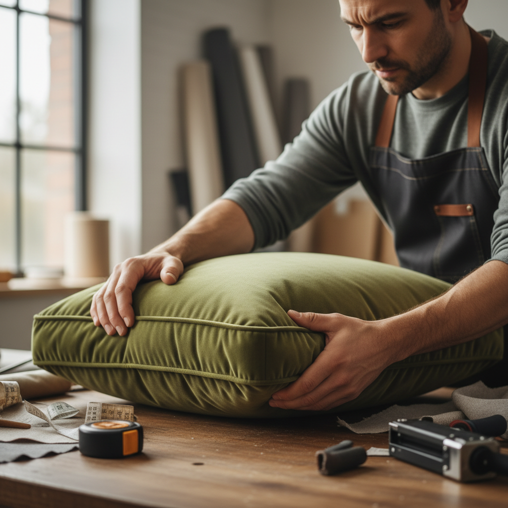 Upholsterer checking fabric tension on completed sofa cushion