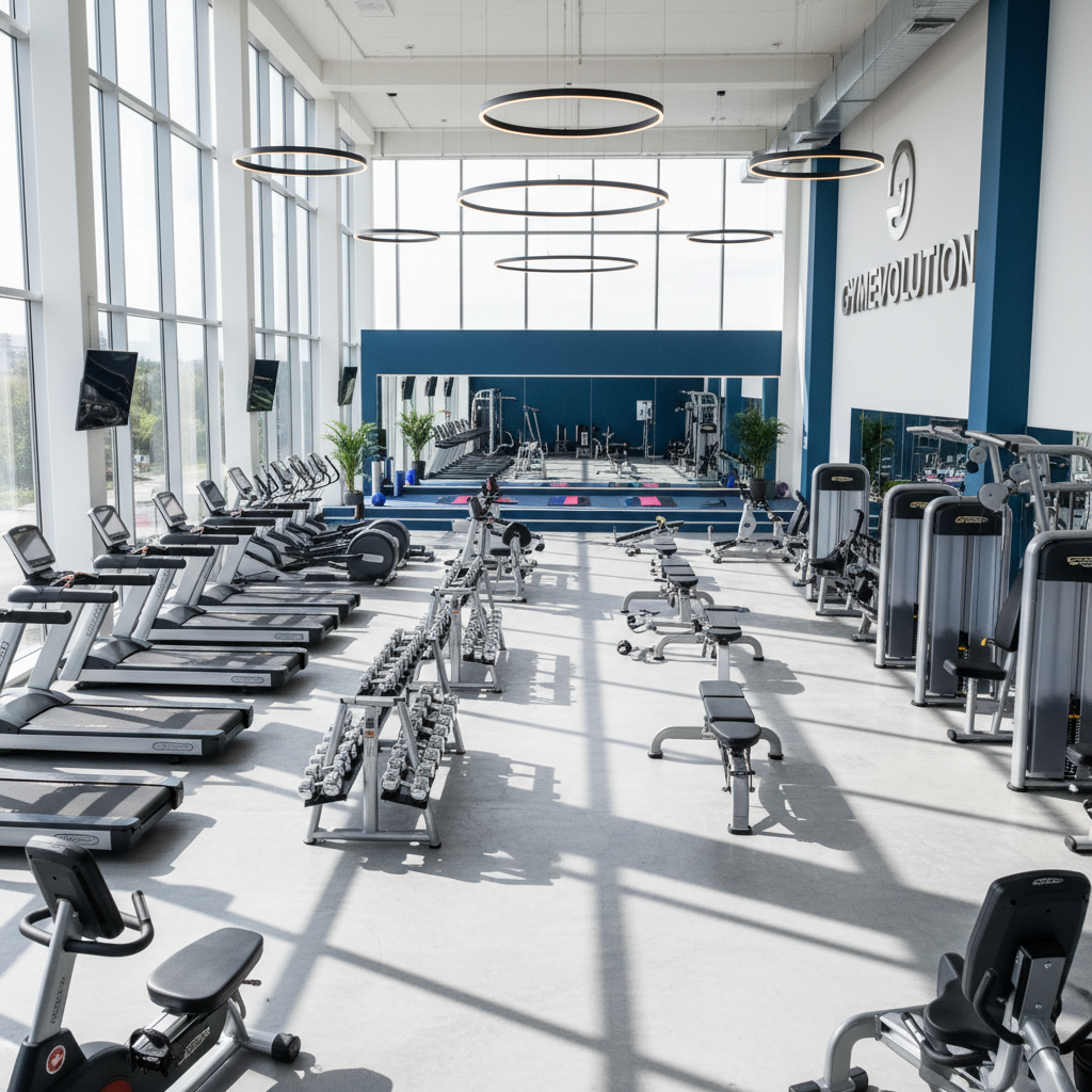 Modern bright gym interior with large windows, natural daylight, rows of treadmills and weight equipment