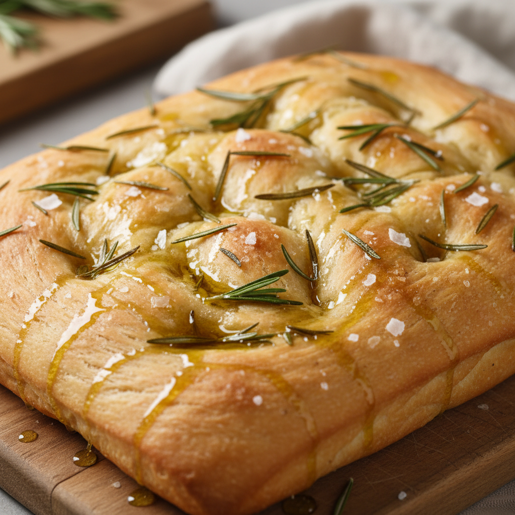 Thick focaccia bread topped with fresh rosemary and flaky sea salt