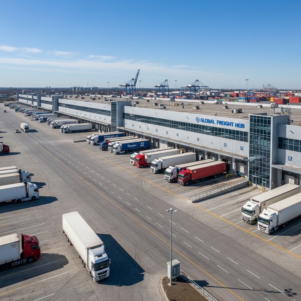Aerial view of large logistics warehouse with trucks, bright daylight, clean industrial environment