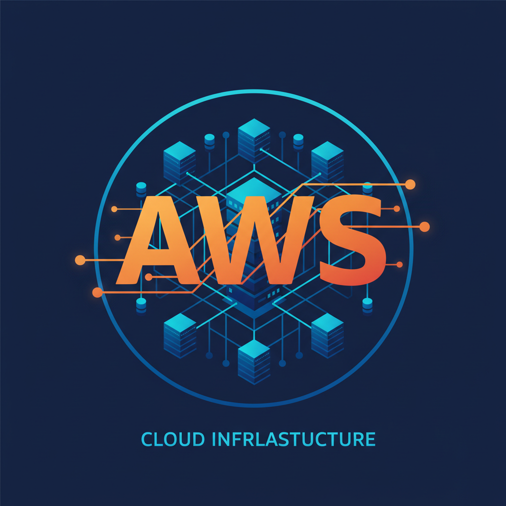 AWS cloud infrastructure diagram with glowing server racks and network connections