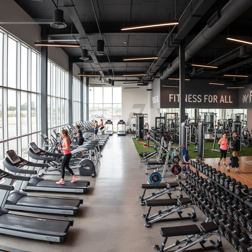 Modern franchise gym facility with equipment and natural lighting