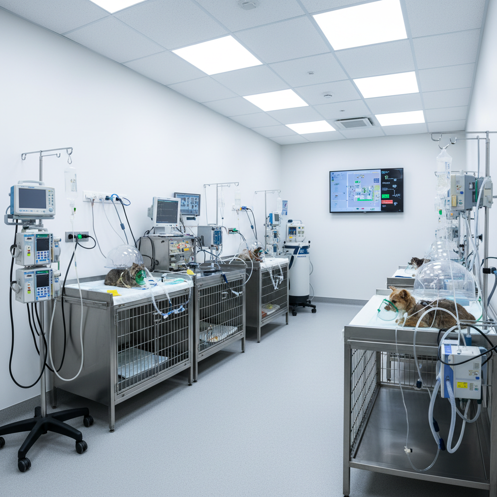 Modern veterinary ICU kennel with oxygen equipment and warm lighting