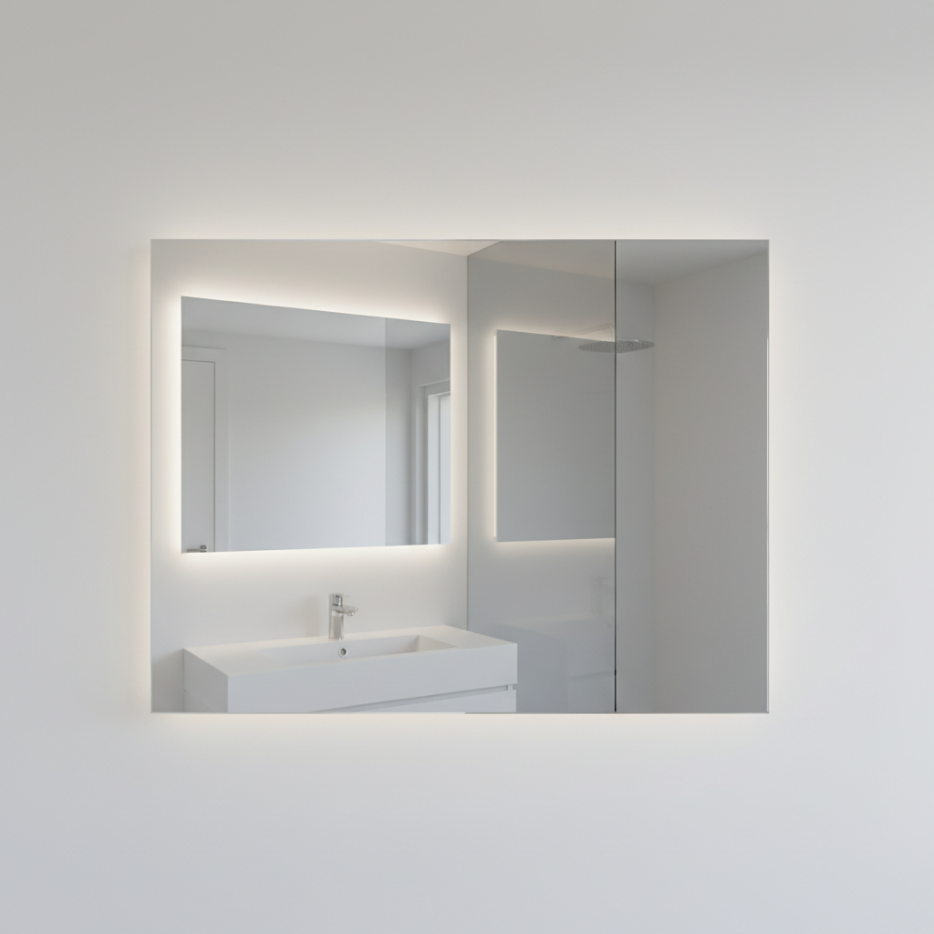 Large frameless bathroom vanity mirror with LED backlight above double sink