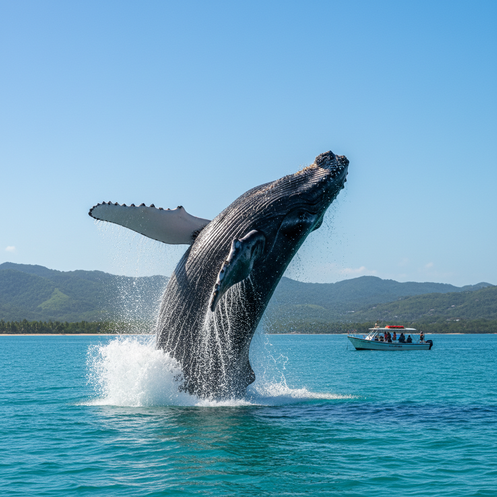 Humpback whale breaching from clear blue Caribbean ocean waters near Dominica coastline