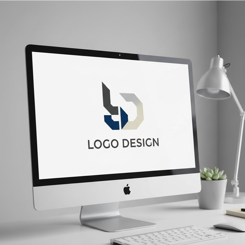 Logo design process on screen with vector shapes, bright monitor, clean design studio environment