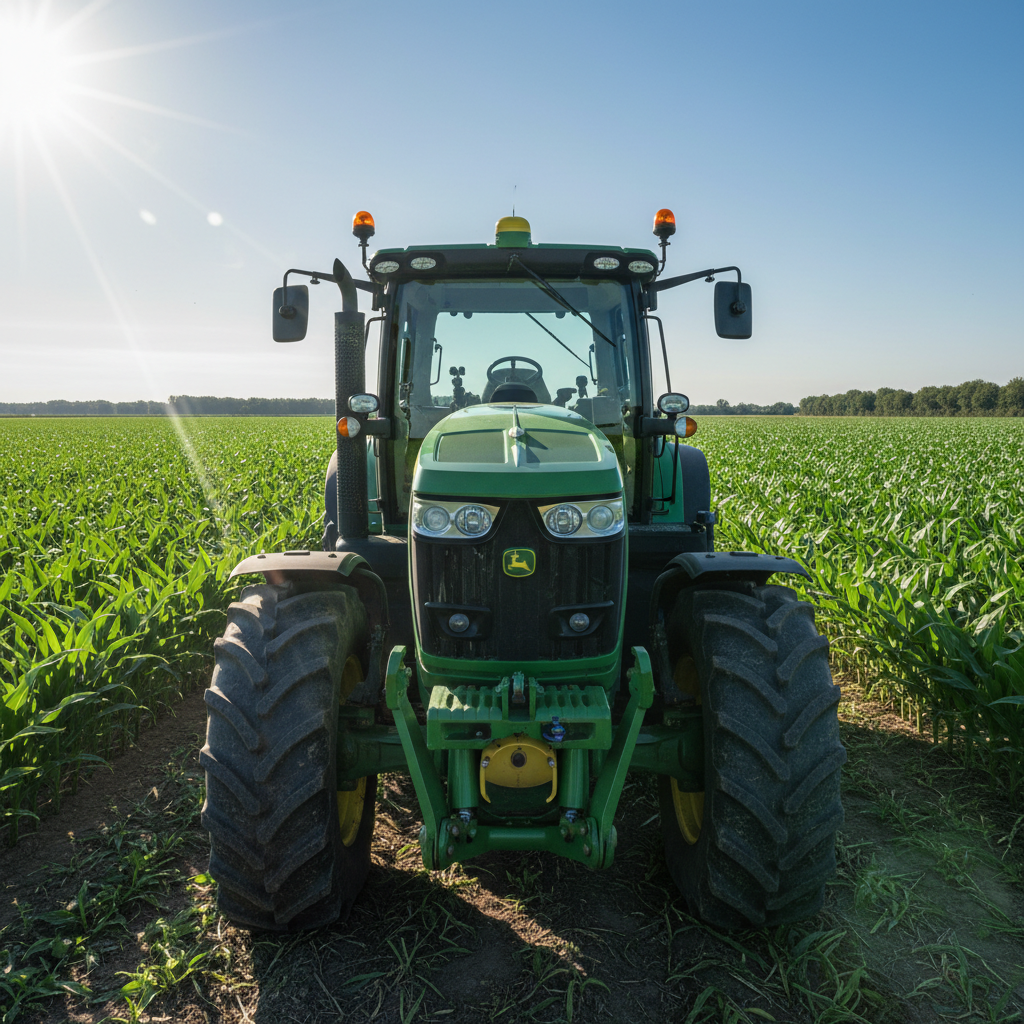 Modern tractor working in large open farm field on bright sunny day