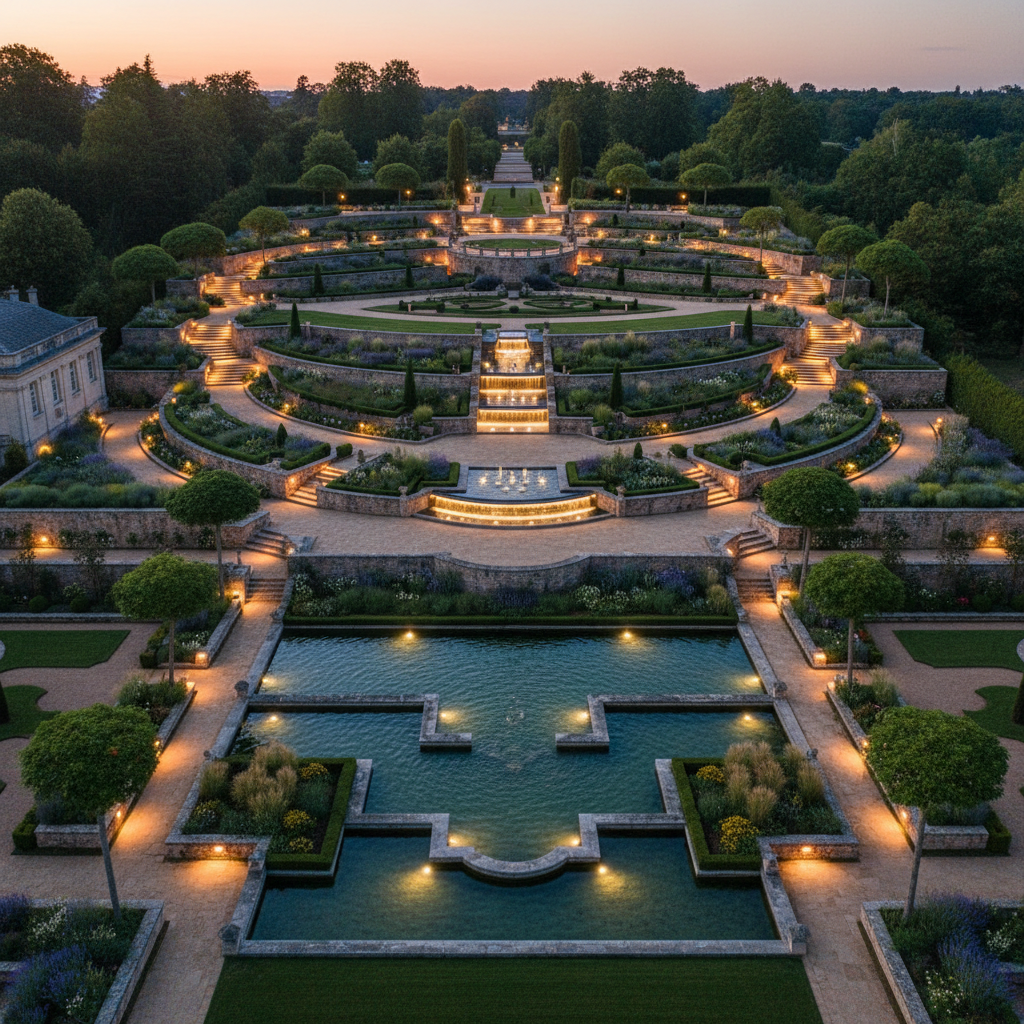 Aerial view of sculpted terraced estate garden with illuminated stone pathways and water feature at dusk