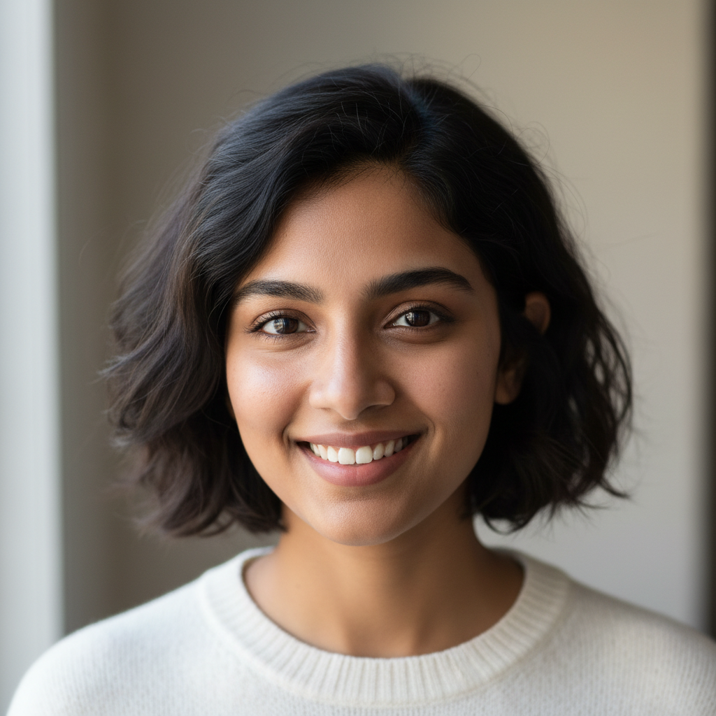 Young Indian woman smiling, professional headshot with neutral background