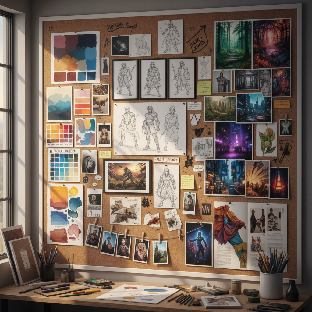 Workspace dengan mood board, sketsa konsep awal, dan referensi visual untuk character design
