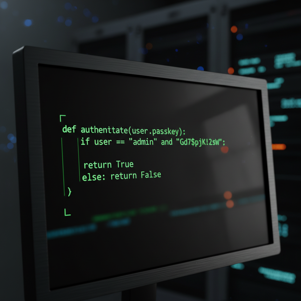 Dark terminal with glowing violet code syntax on black background