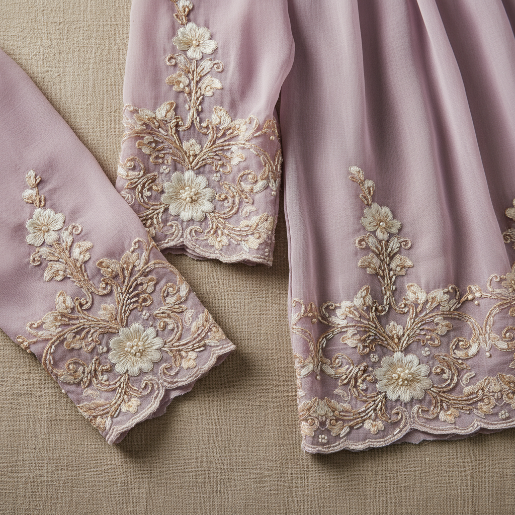 Close-up of embroidered chiffon blouse, delicate floral detail, warm tones