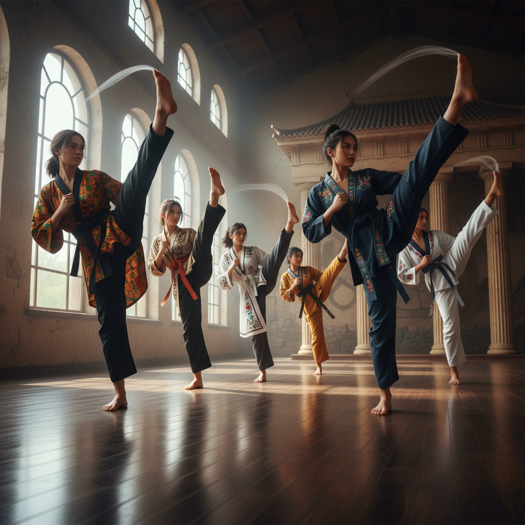 Young women from different cultures practicing high kicks together in synchronized motion