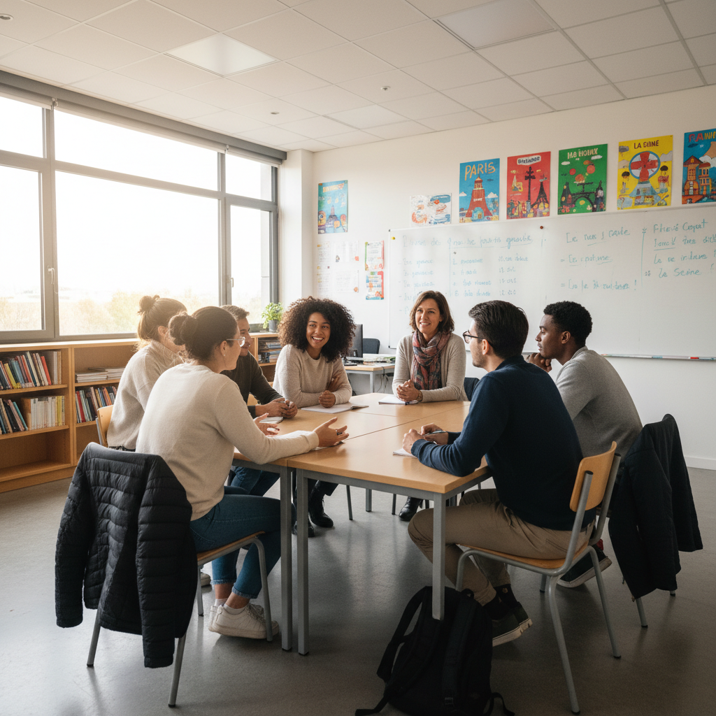 French language students engaged in conversation practice with native speaker instructor