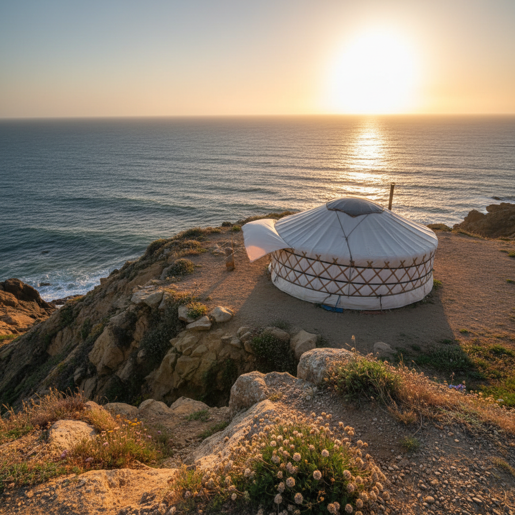 Yurt on a coastal bluff overlooking ocean at golden hour