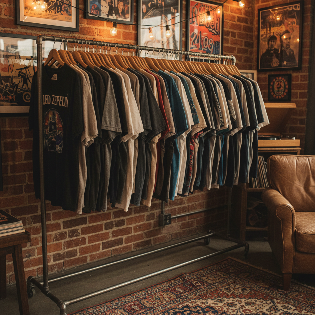 Rack of vintage band tees and deadstock clothing in a warm-lit room