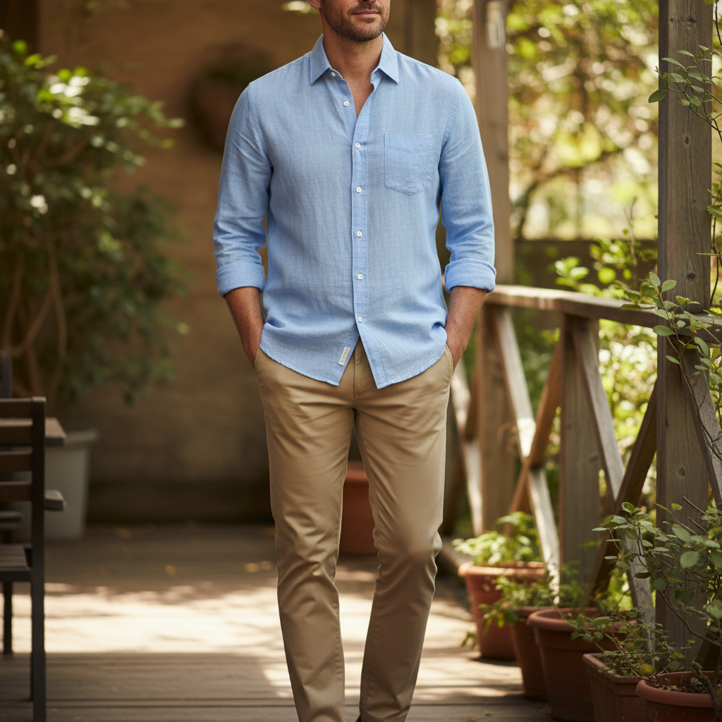 Man in slim fit khaki chinos styled with a white shirt