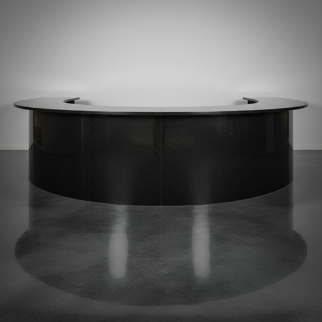 Commercial restaurant bar with black granite top, polished surface, ambient evening lighting