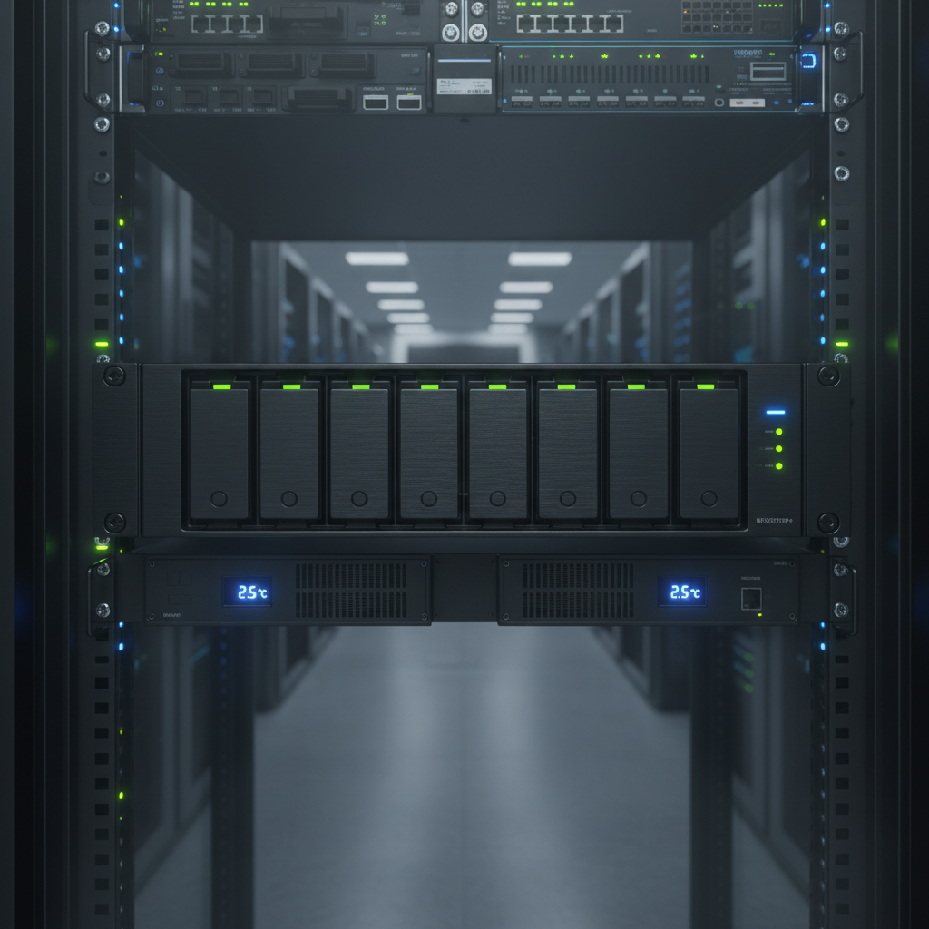 Network video recorder unit with multiple ethernet ports and hard drive bays, server room environment with status indicator LEDs