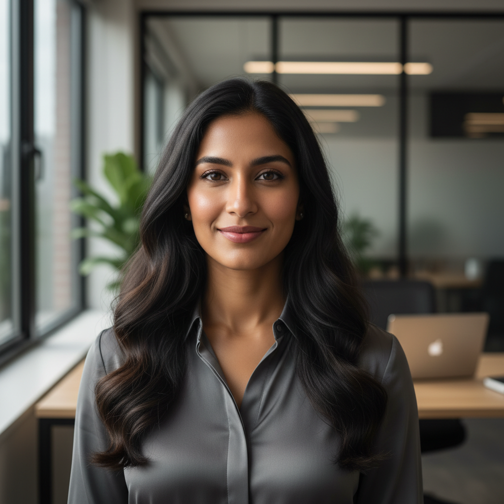 South Asian woman with dark hair in professional setting
