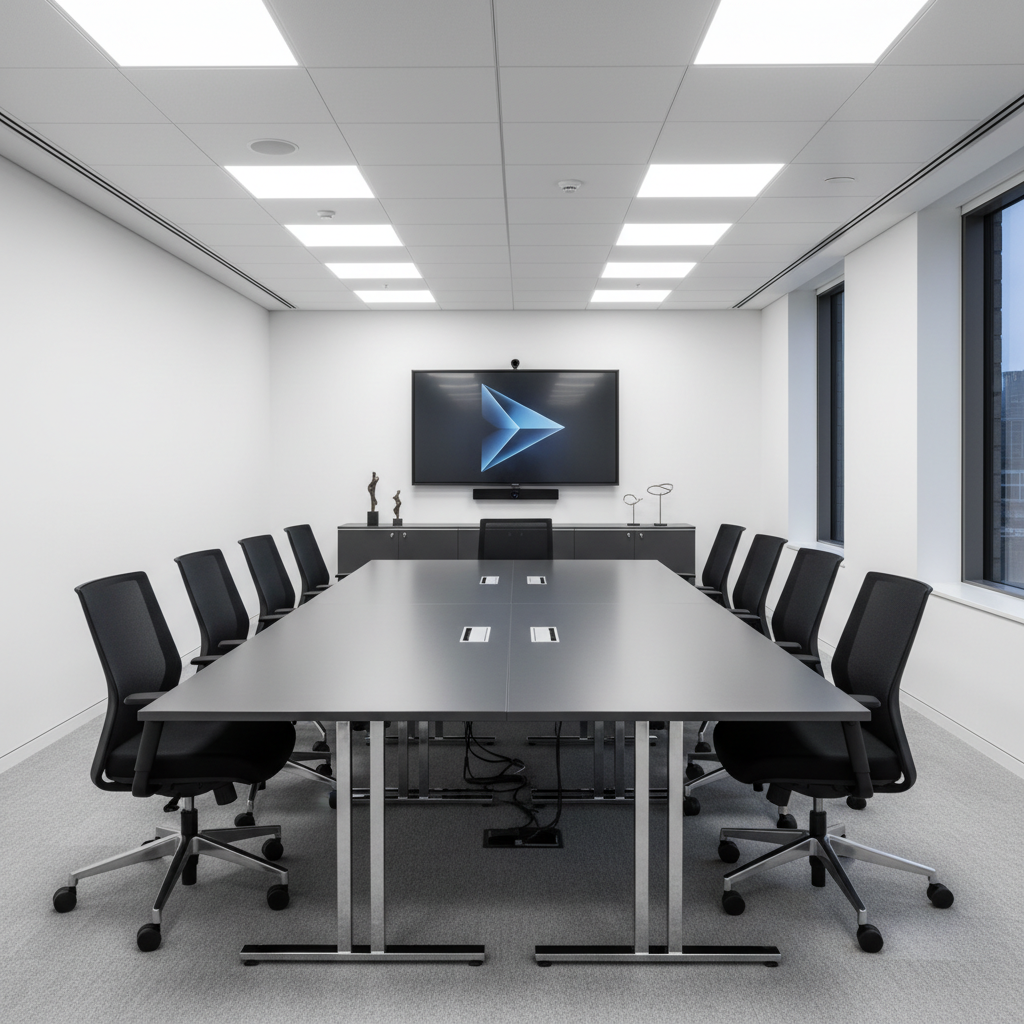 Well-lit modern office boardroom with large windows, bright natural light, clean white walls and warm wood tones