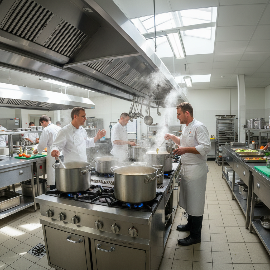 School kitchen with cooks preparing meals in large pots on stoves