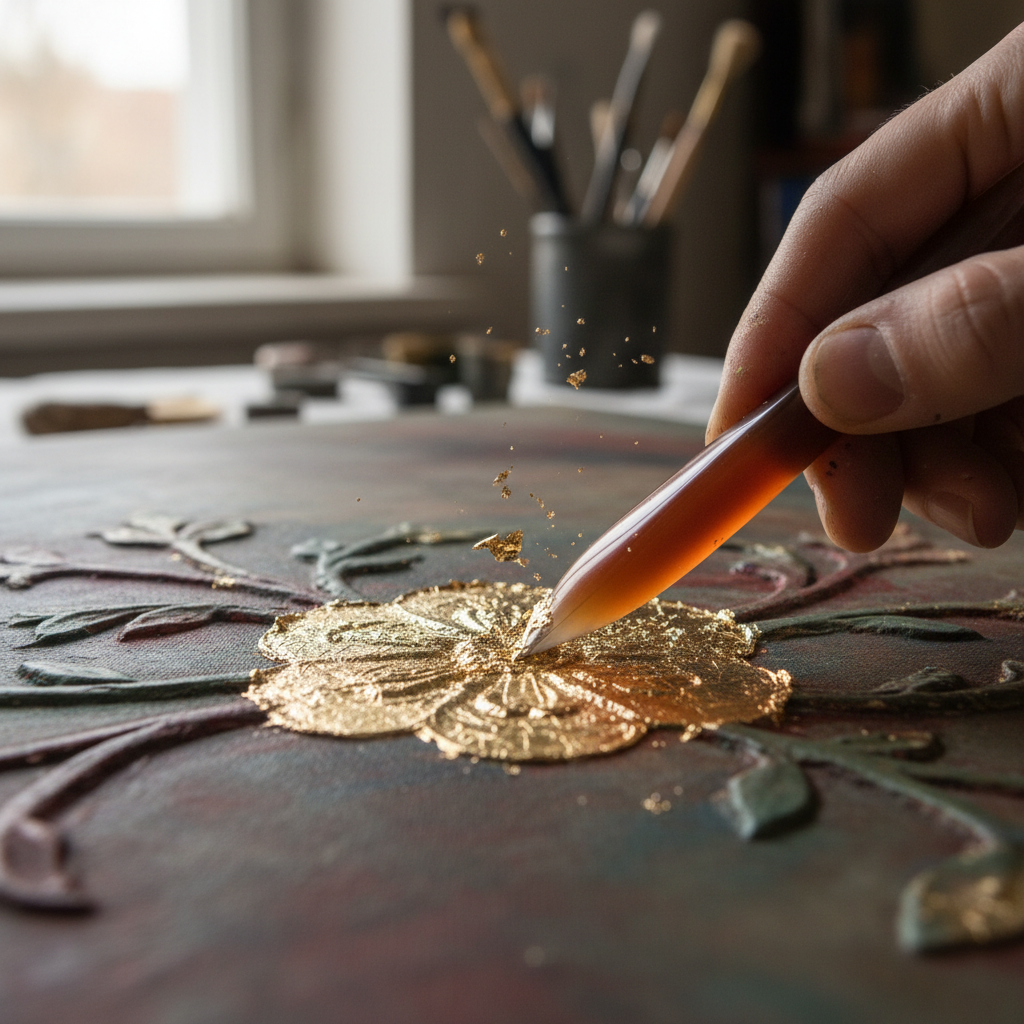 Applying cracked latex and gold leaf veining to model