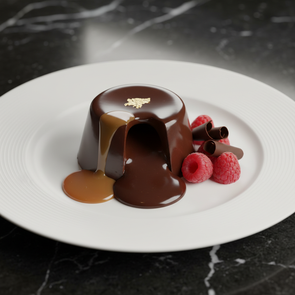 Chocolate fondant dessert with gold dust, caramel sauce, dark elegant plate on black background with warm spotlight