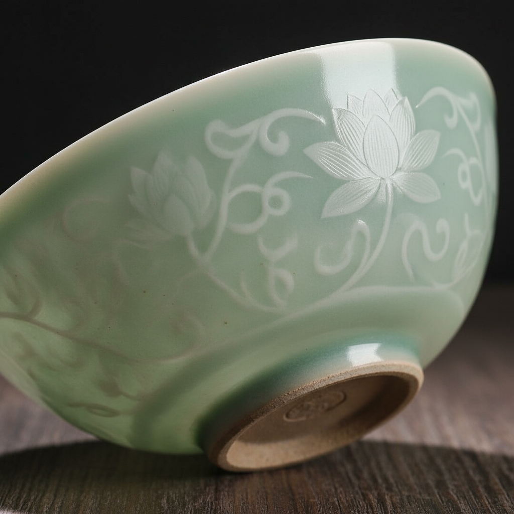 Glazed celadon green succulent bowl with small cacti on white surface