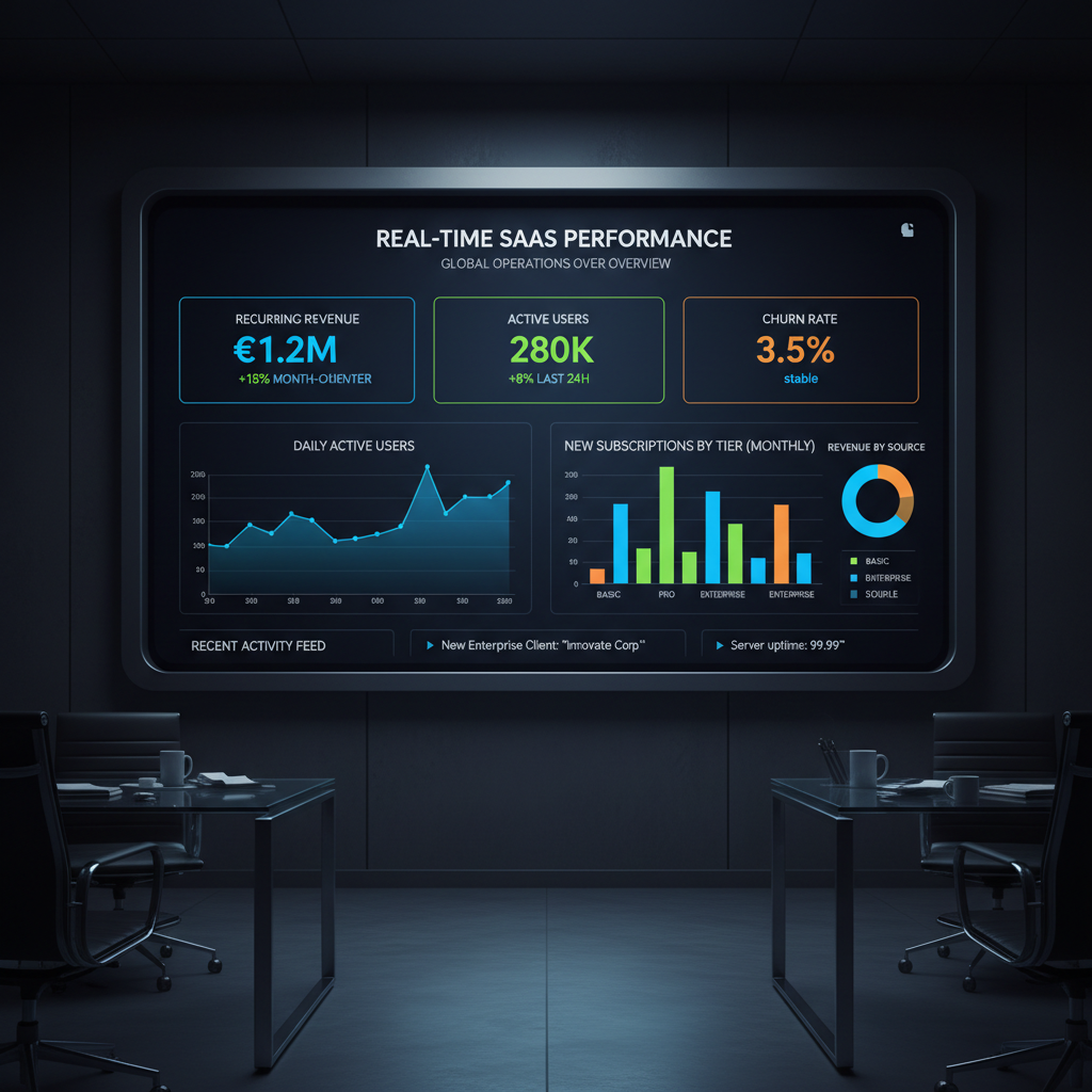 Financial dashboard with billing charts, revenue metrics on dark background, SaaS analytics interface