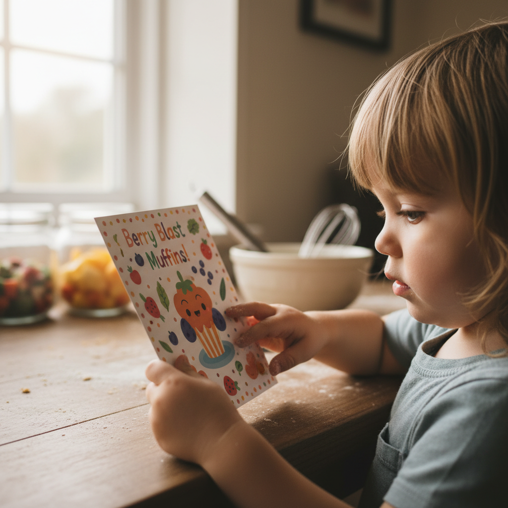Young child reading a colorful illustrated recipe card at a wooden kitchen table
