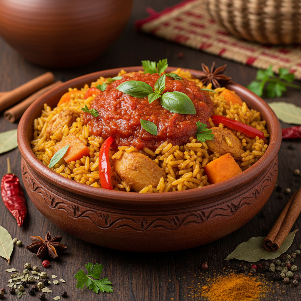 Golden jollof rice in a dark clay bowl, steam rising, warm amber lighting