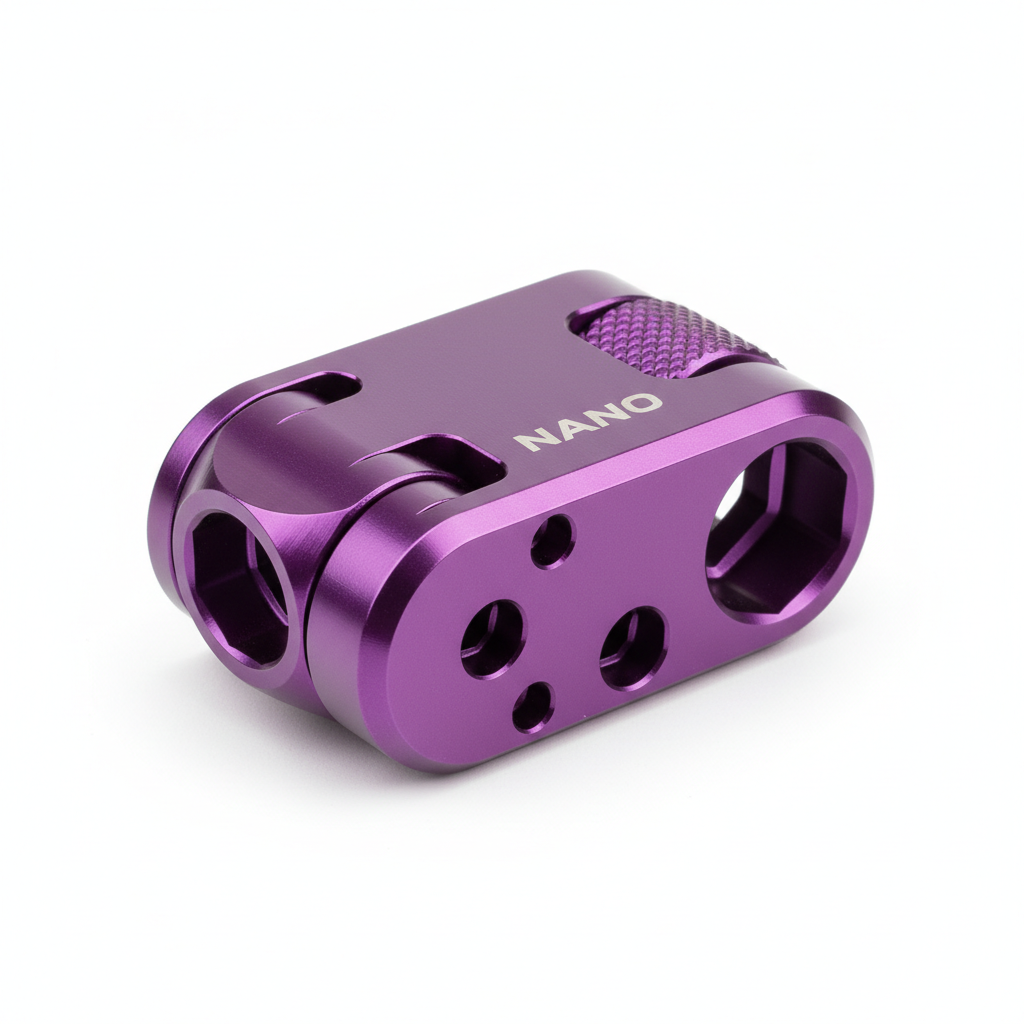 Nano nut tool with violet anodize finish rotating 360 degrees to show all angles and the precision machining detail