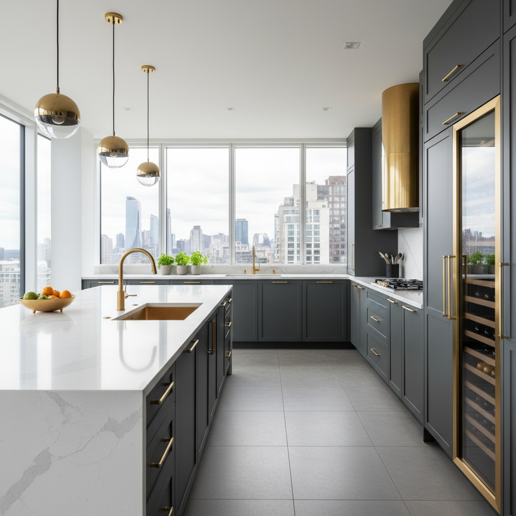 Modern modular kitchen with dark cabinetry and brass fixtures in dramatic low-key lighting