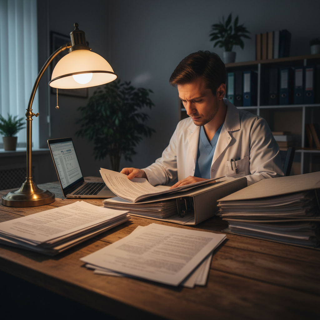 Senior medical director at desk in dim executive office reviewing patient files, professional portrait lighting