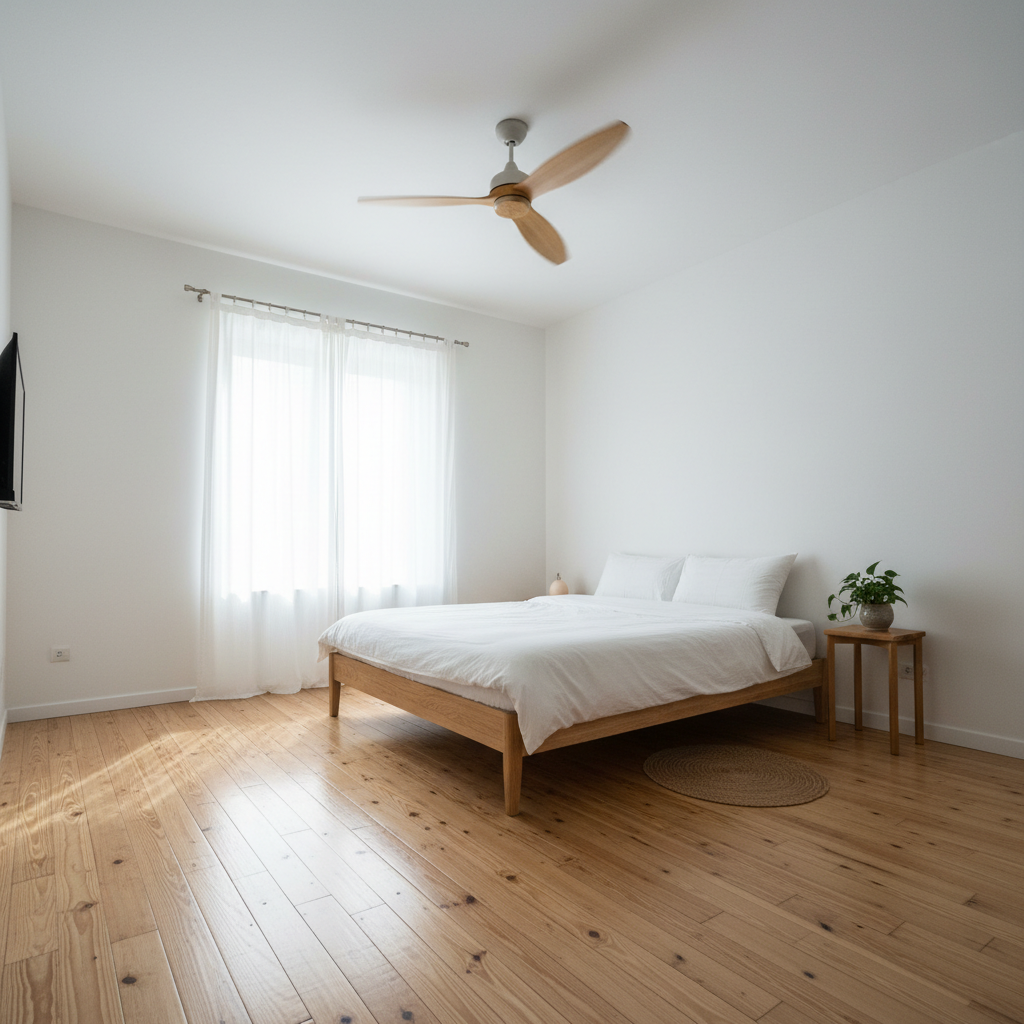 Simple clean guesthouse room with fan, wooden floors and white walls in Chiang Mai Thailand