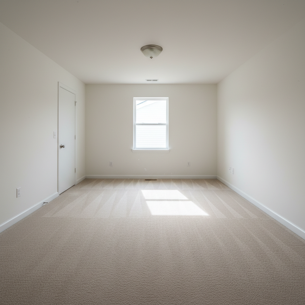 Bright clean room with freshly cleaned carpet, natural window light, fresh and airy atmosphere
