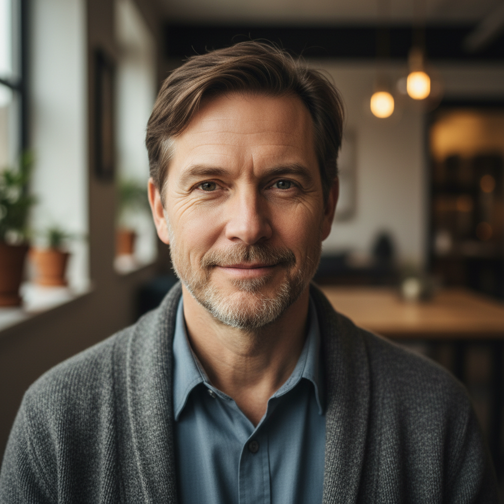 Smiling man in casual attire, warm indoor lighting
