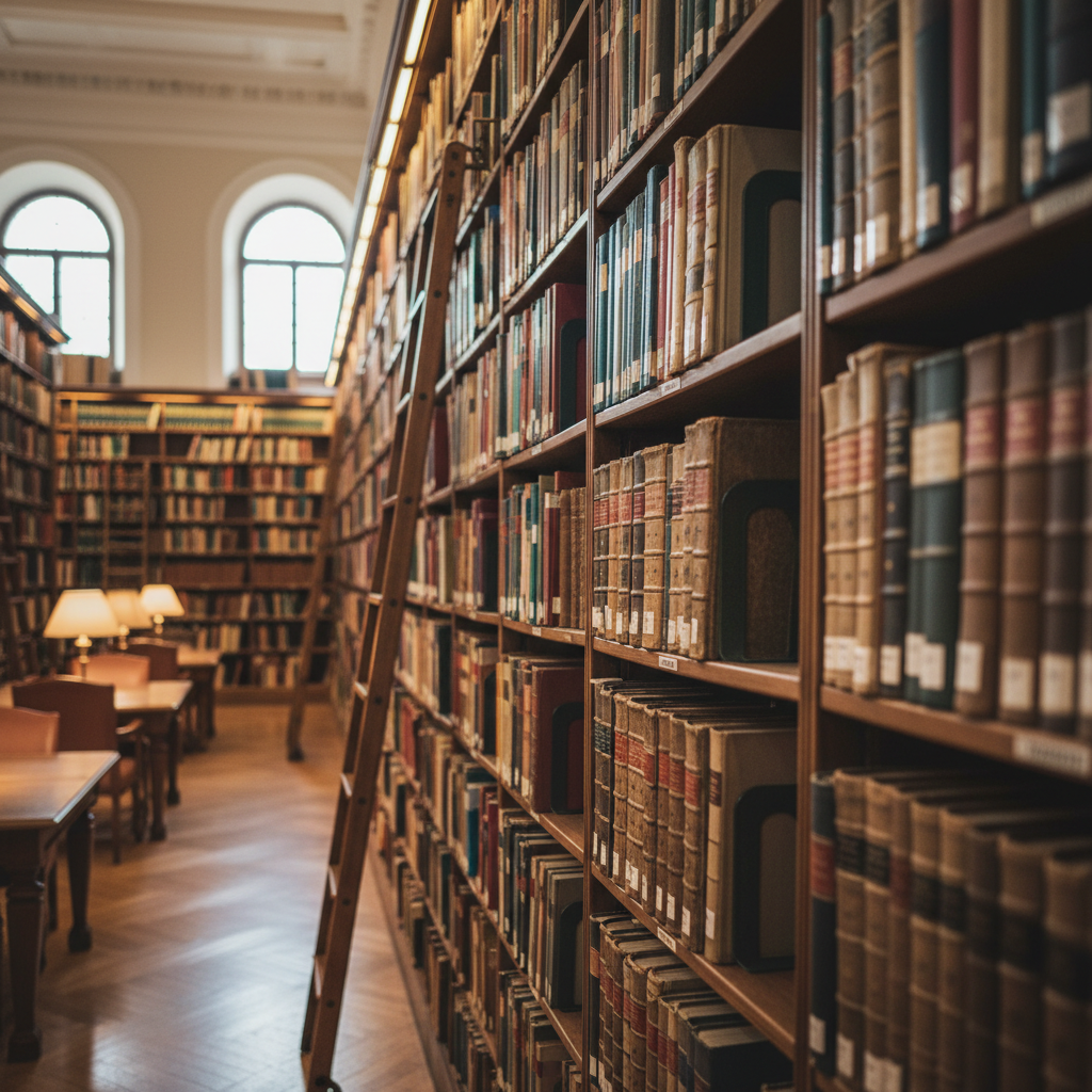 Library shelves with rows of academic journals in warm light, shallow depth of field