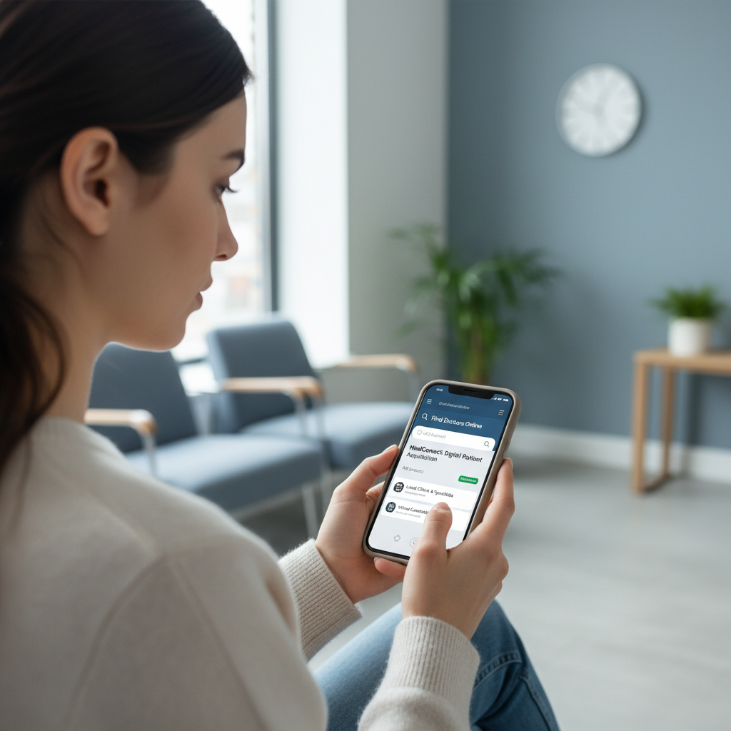 Patient using smartphone to search for healthcare providers online, representing digital patient acquisition and AEO optimization