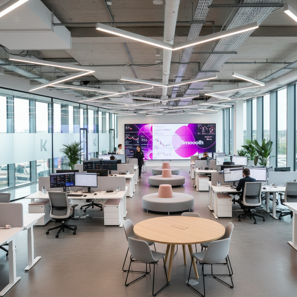 Bright airy modern fintech office with glowing monitors showing financial dashboards, clean white workspace with soft natural light
